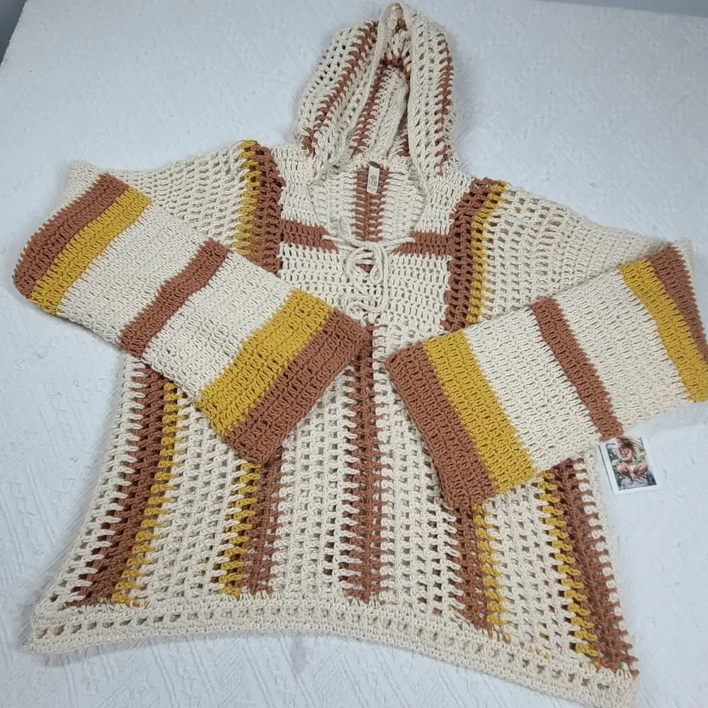 Mora Crochet flare sleeve handcrafted hoodie sweater Sz OS Surfer Granola Girl - Picture 4 of 9